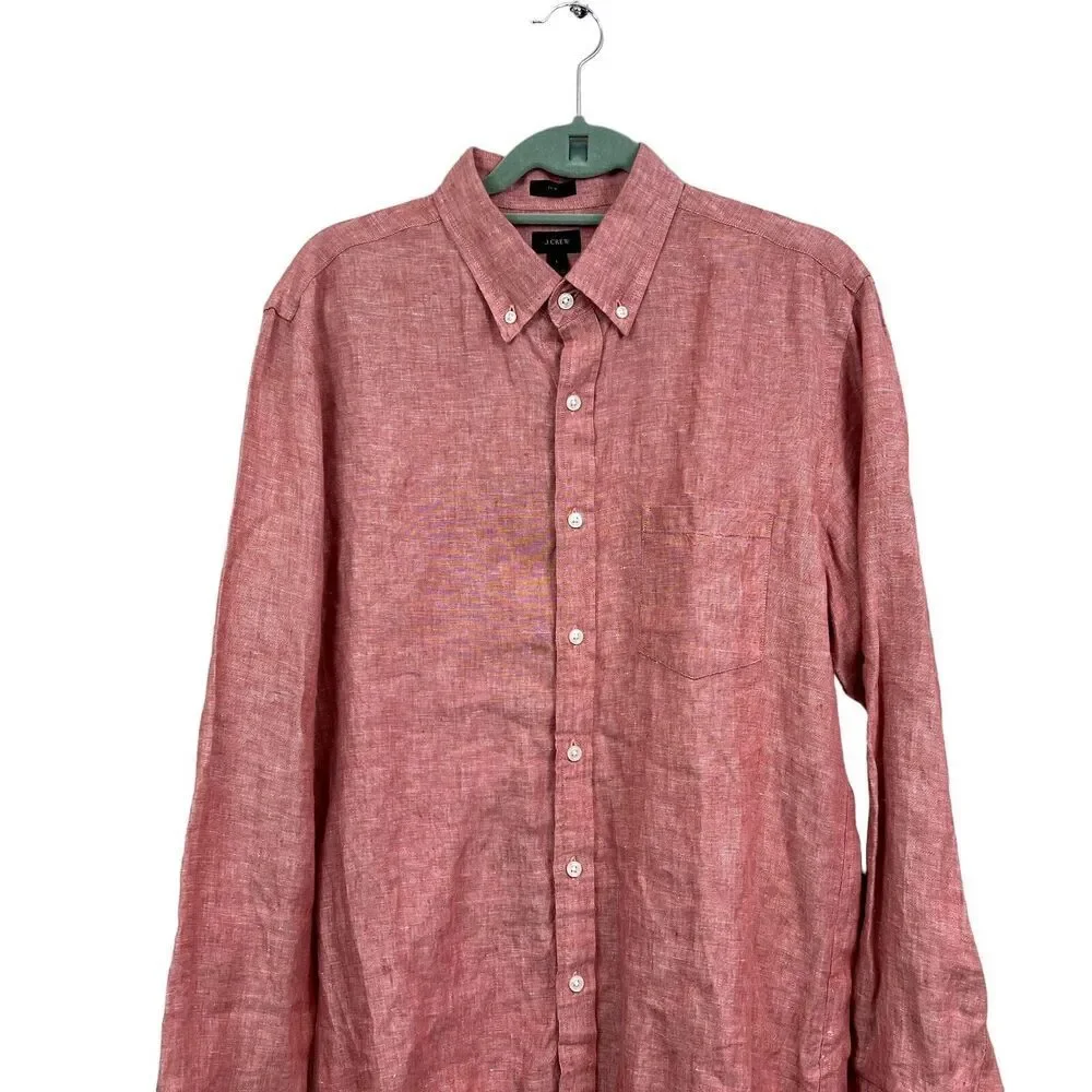 J. Crew Mens Linen Button Down Shirt Slim Long Sleeve Pen Pocket Red Sz L*